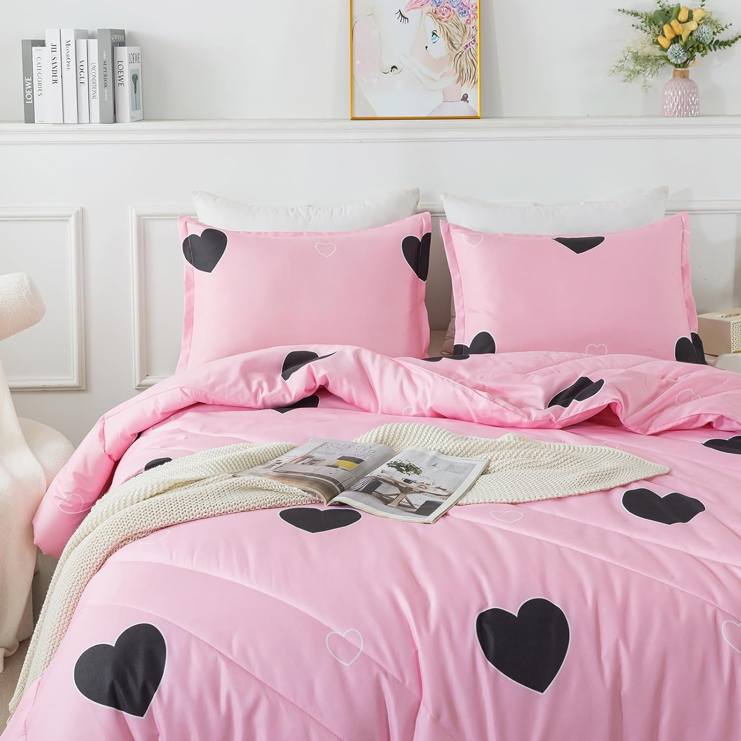 Caressma Love Heart Pink Queen Comforter Set 3 Pieces
