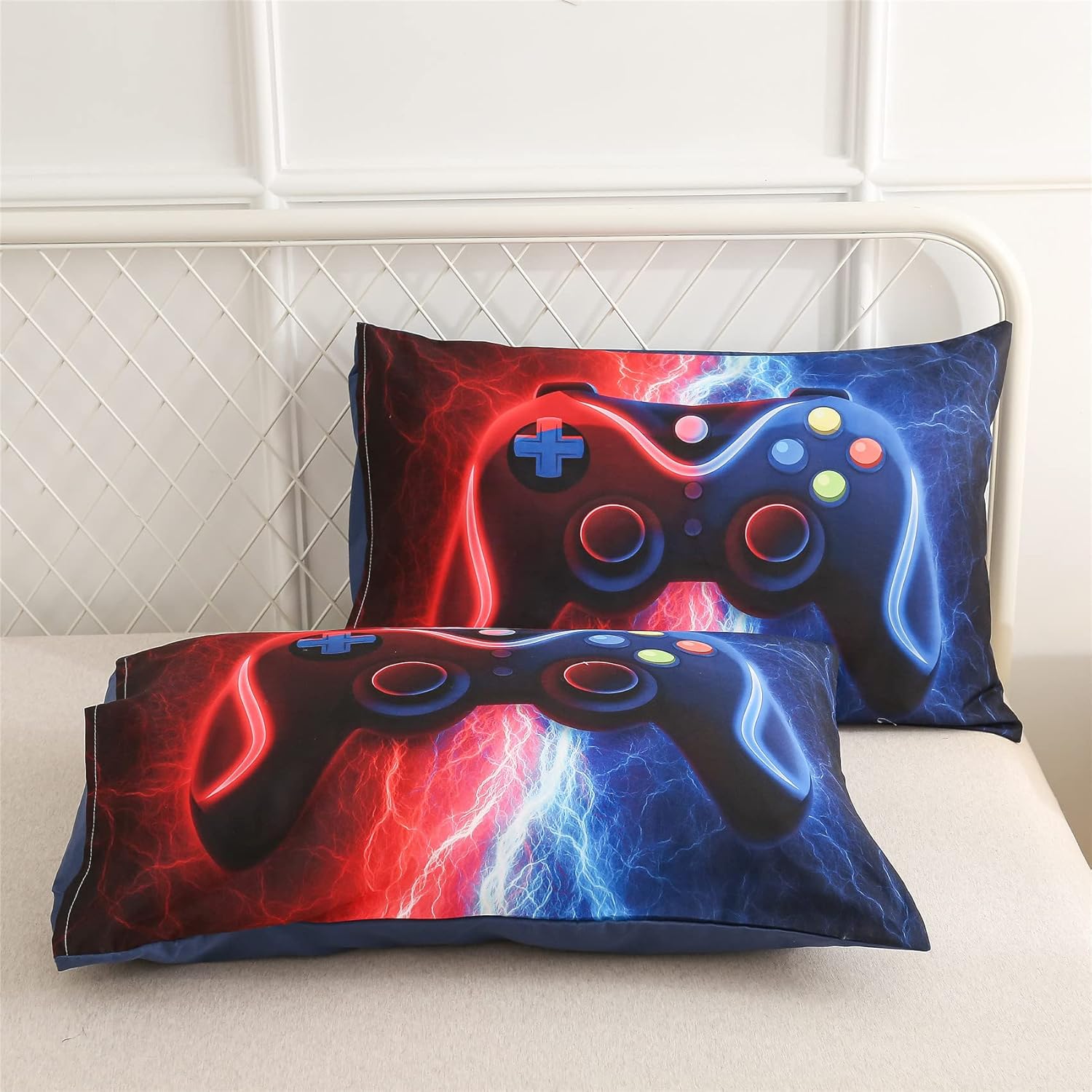 Gamer Gamepad Comforter Set for Boys Red-Blue Lightning Design