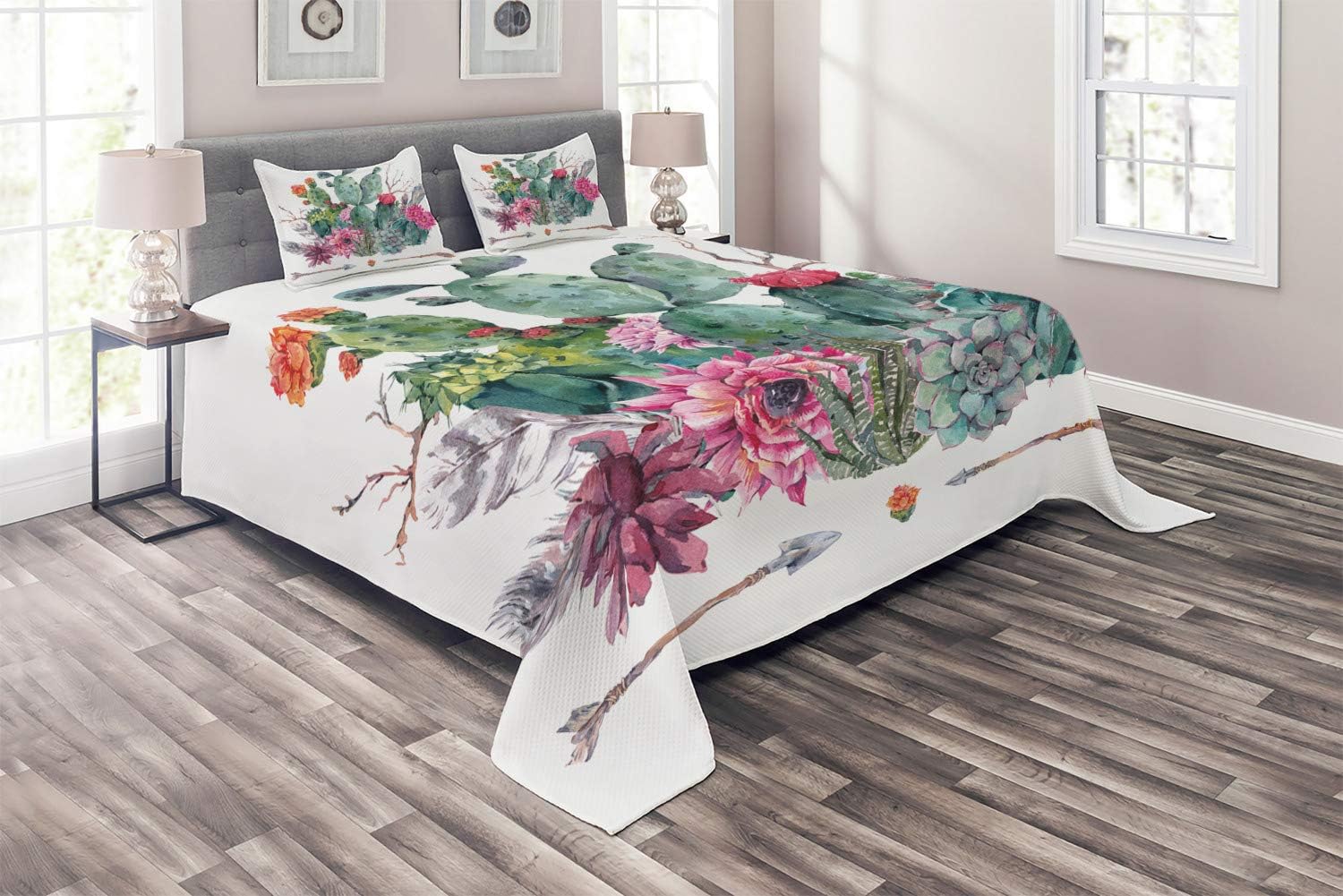Ambesonne Cactus Coverlet Set - 3 Piece Boho Style Bedspread with Pillow Shams