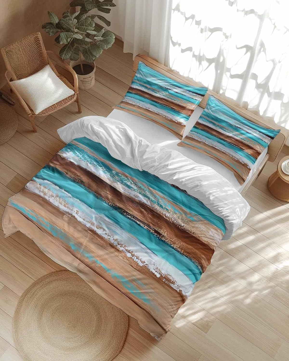 Turquoise Brown Queen Duvet Cover Set 3 Pieces
