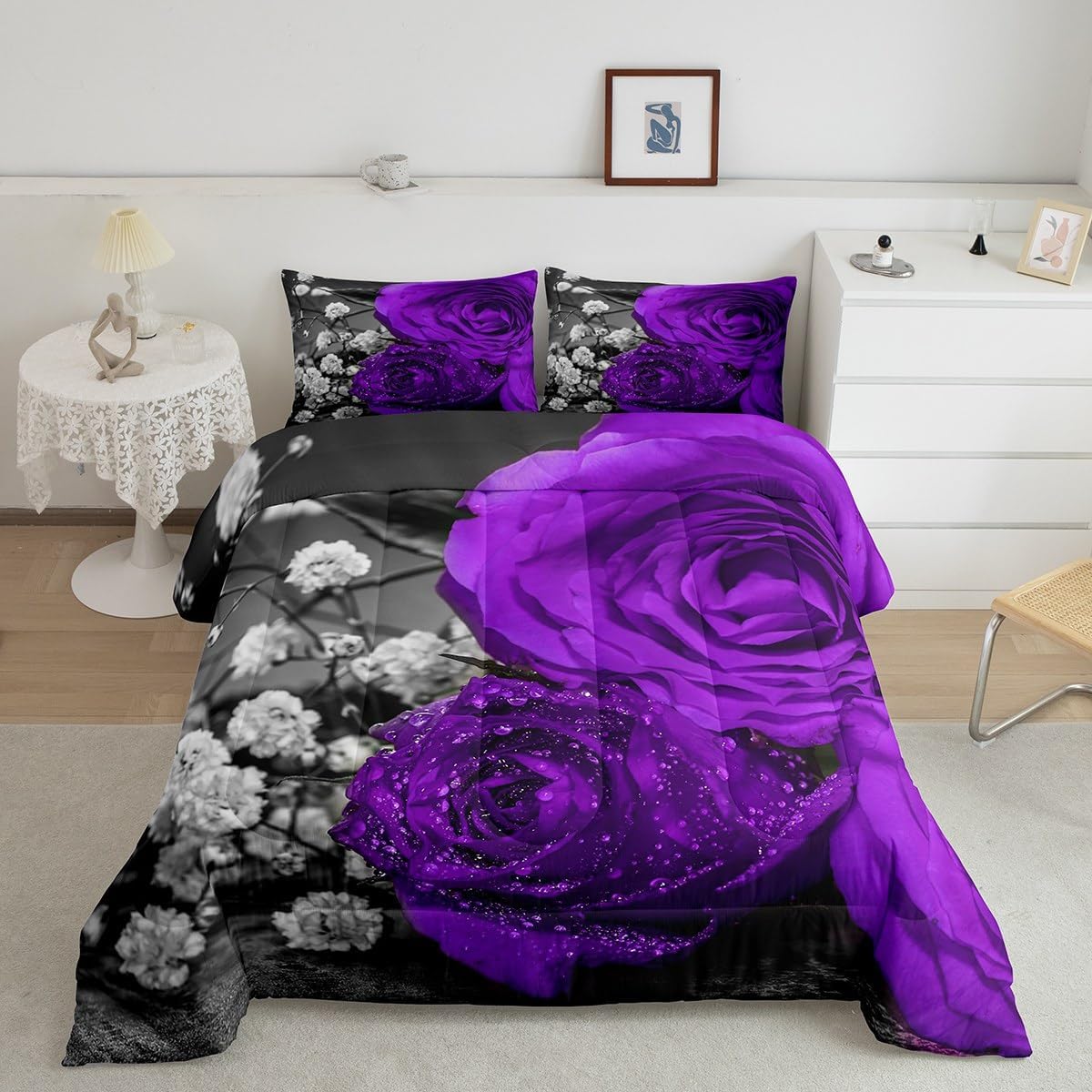 Erosebridal Purple Floral Comforter Set King 3Pcs 1