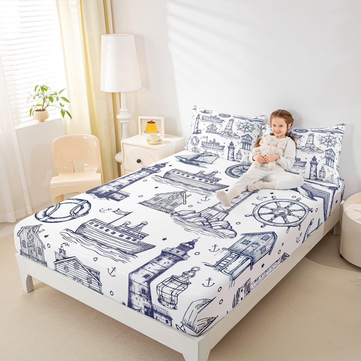 Homewish Sea Nautical Queen Sheet Set 3Pcs with Lighthouse Design