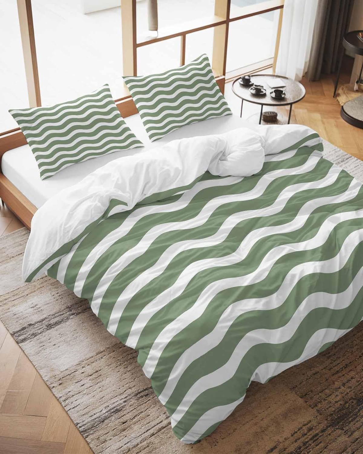 ZOE GARDEN Sage Green Striped Queen Duvet Cover Set