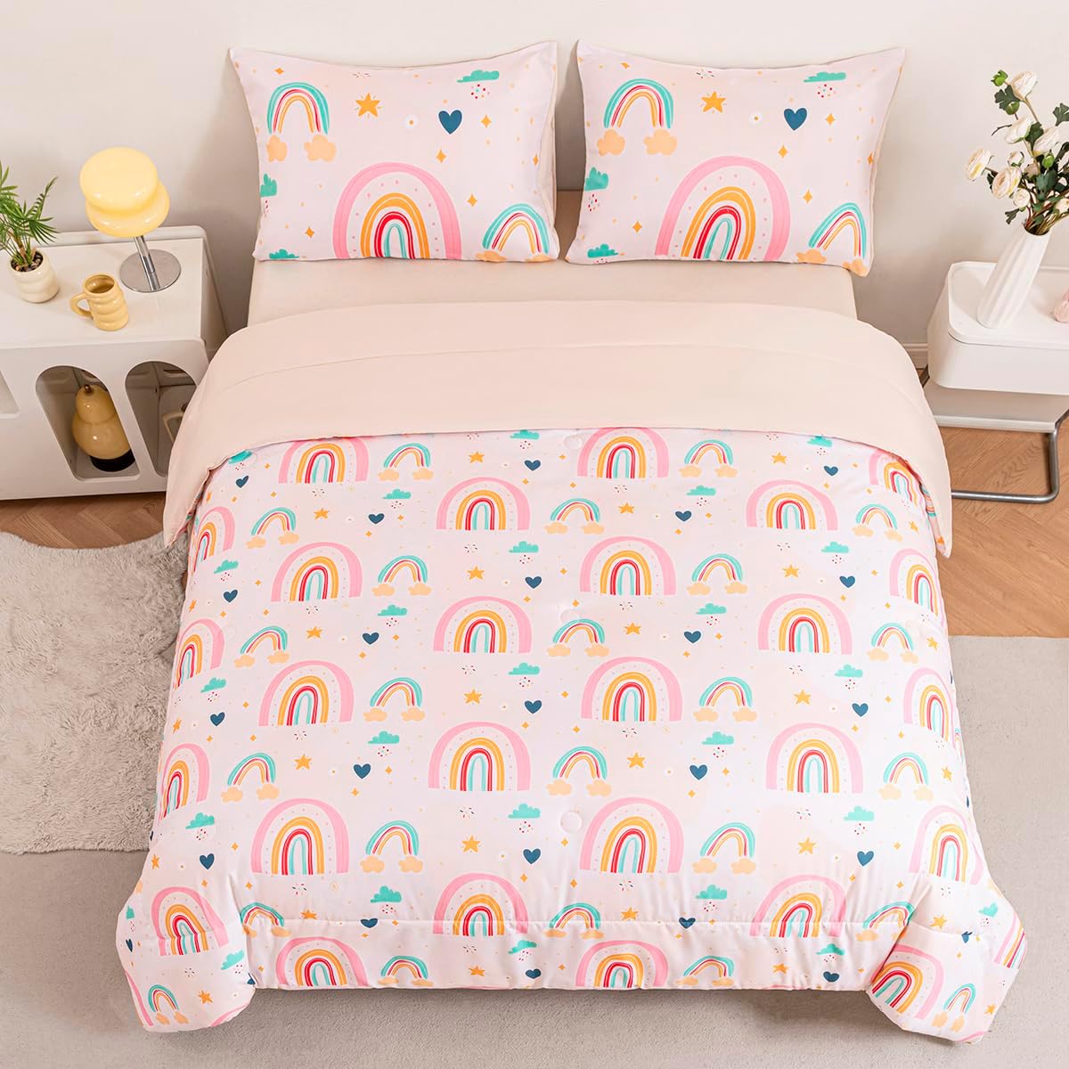 Girls Rainbow Comforter Set 3 Piece Twin