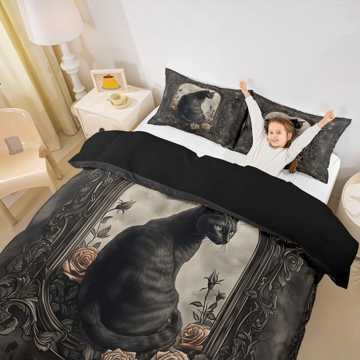 Manfei Black Cat Duvet Cover Set with 2 Pillowcases