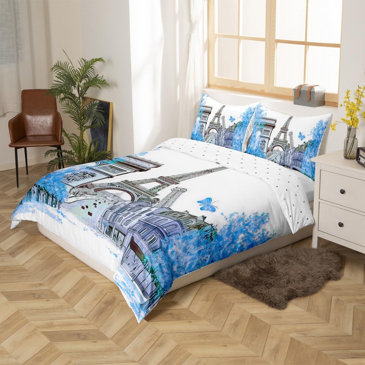 Jejeloiu Blue Eiffel Tower Duvet Cover Set