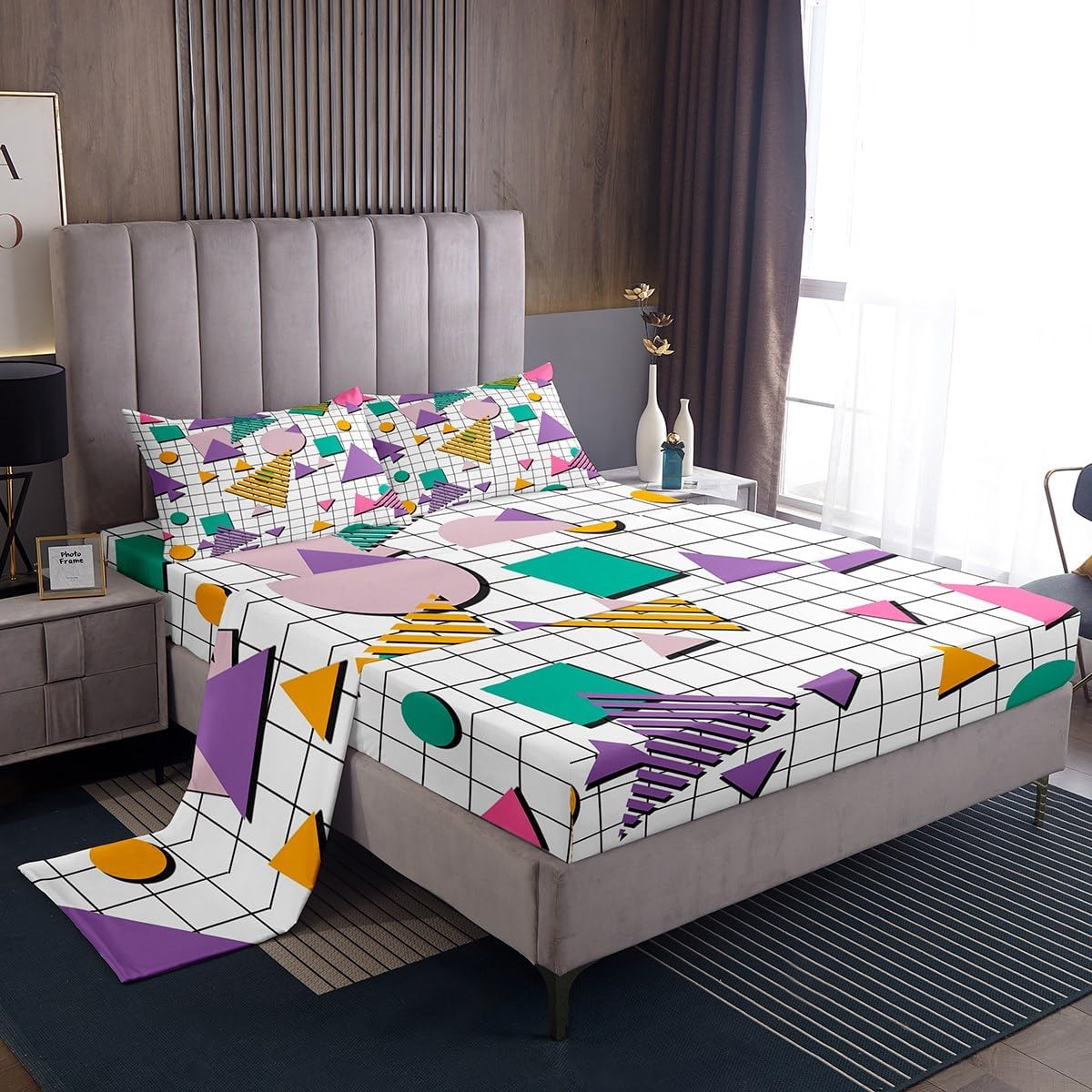 80s Memphis Purple Abstract Queen Sheet Set with Deep Pocket