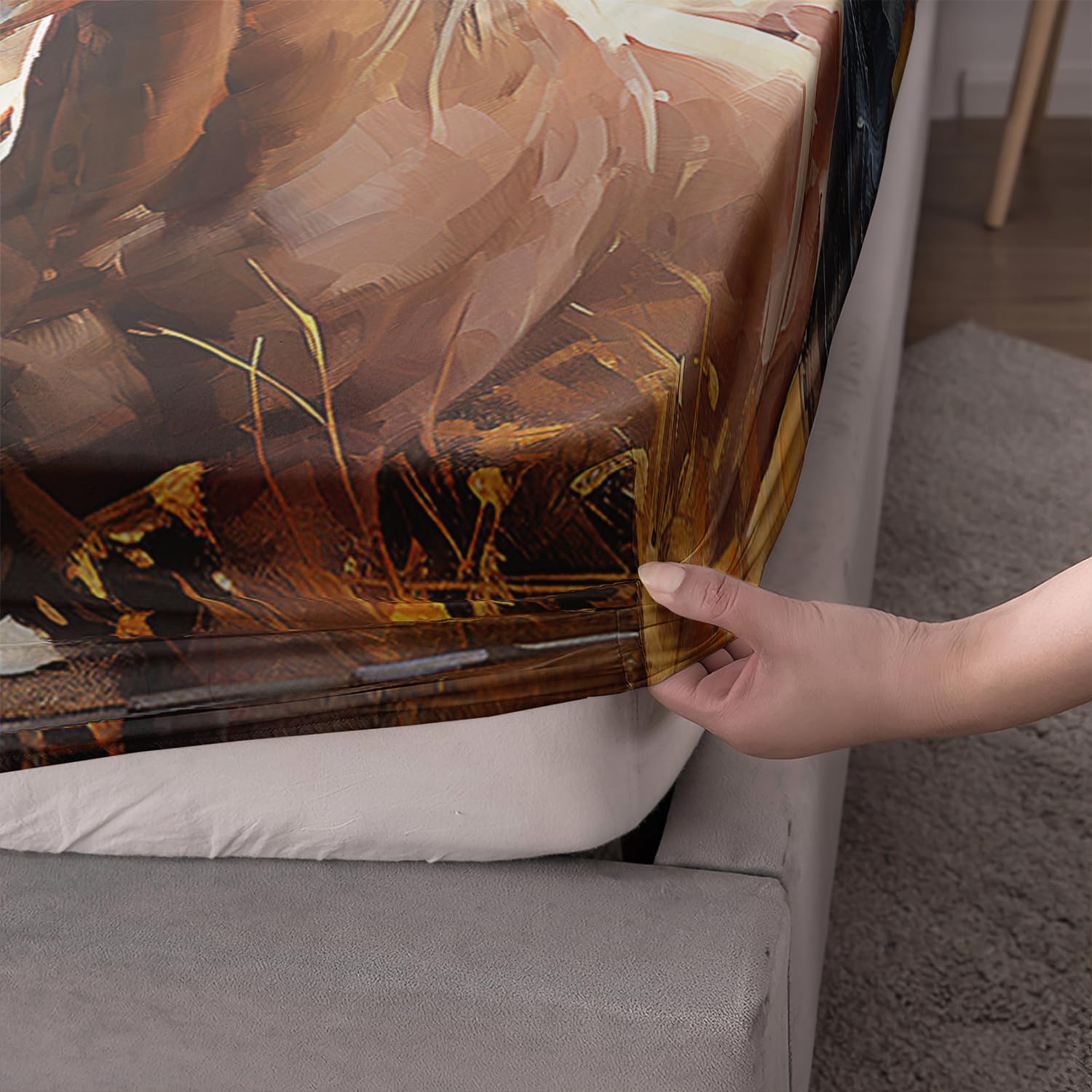 White Brown Horses Fitted Sheet Queen Size Set