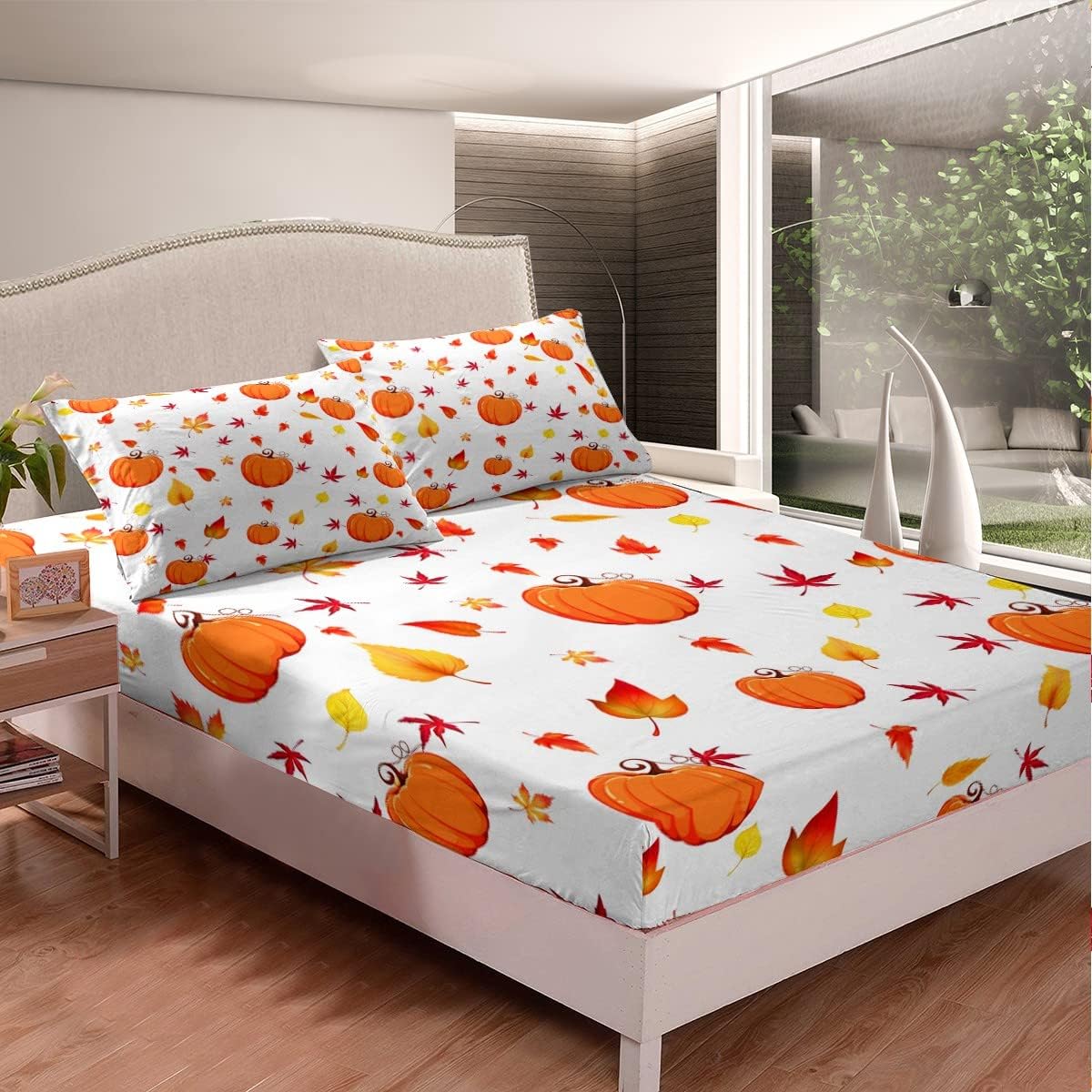 Erosebridal Fall Pumpkin King Size Sheet Set with Maple Leaves