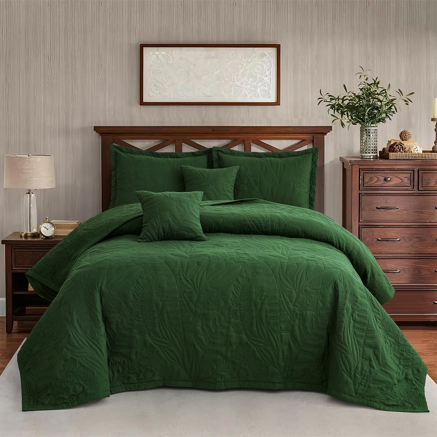 HZ HY Botanical Queen Bedspread Set Leaves Pattern Reversible 5 Piece Olive Green