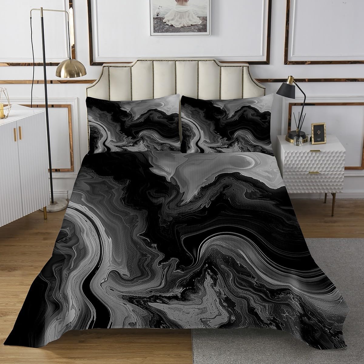 Erosebridal Grey Black Marble Queen Quilt Set
