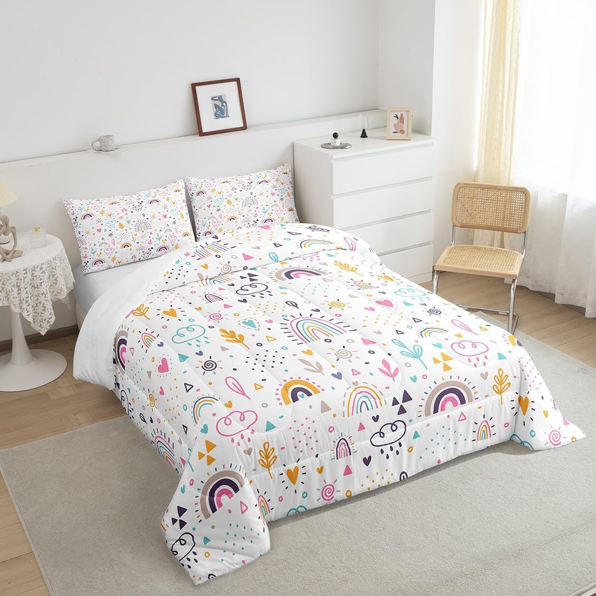 Homewish Rainbow Comforter Set 3Pcs Kids Girls Floral Bedding