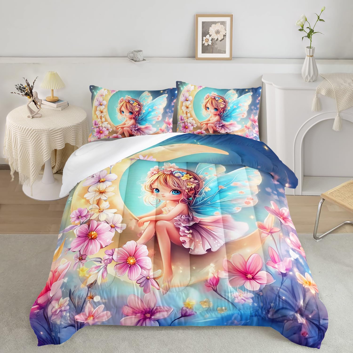 AILONEN Pink Flower Fairy Comforter Set for Kids