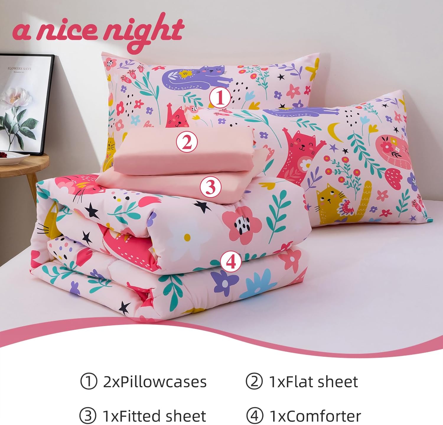 A Nice Night - Kids Boys Floral Cats Bedding Set 5Pcs
