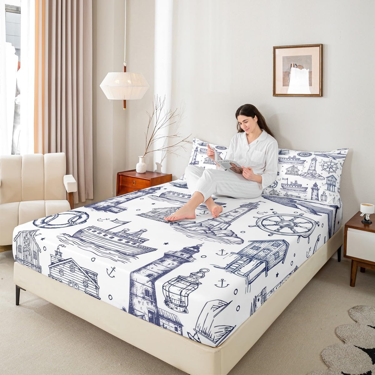 Homewish Sea Nautical Queen Sheet Set 3Pcs with Lighthouse Design