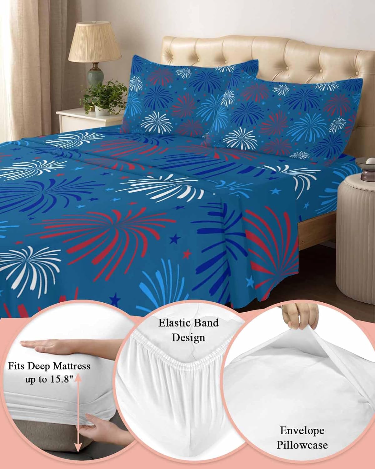 Boanket 4th of July Blue Full Sheet Set 4 Piece Microfiber