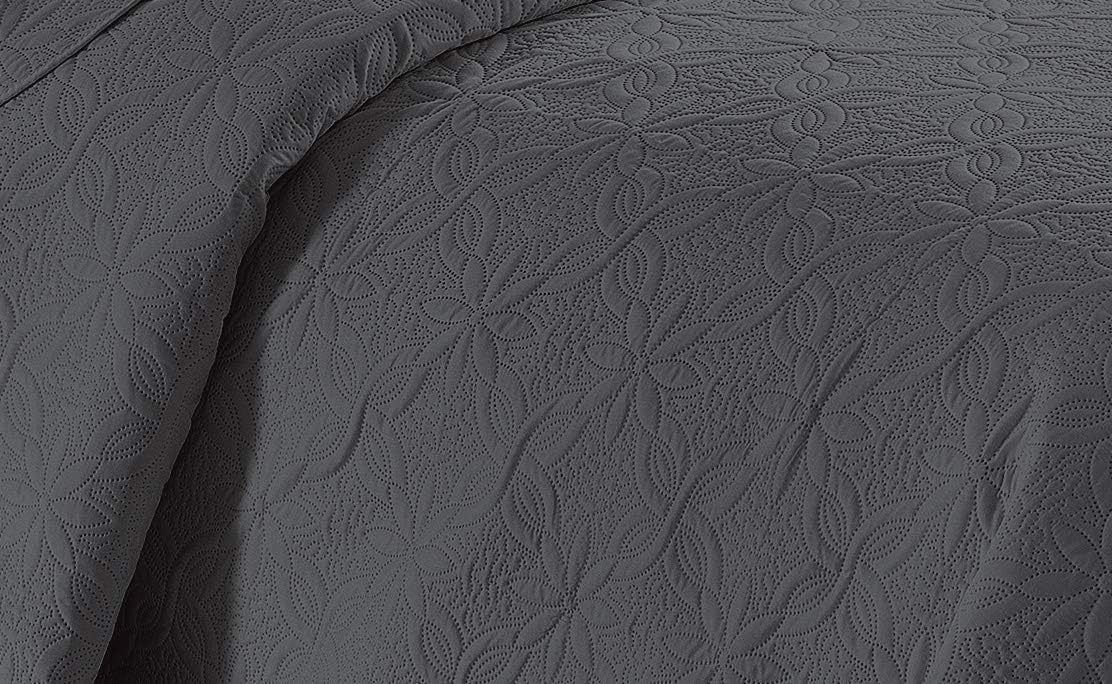 Fancy Linen 3pc Embossed Coverlet Bedspread Set Solid Floral Daisy Pattern Charcoal