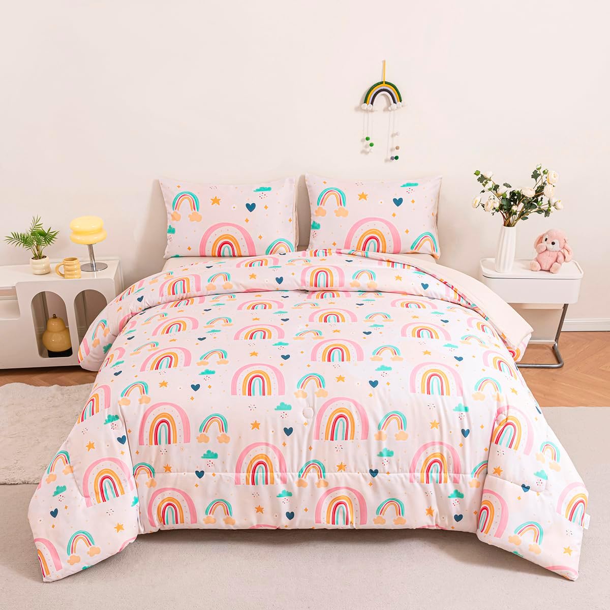 Girls Rainbow Comforter Set 3 Piece Twin