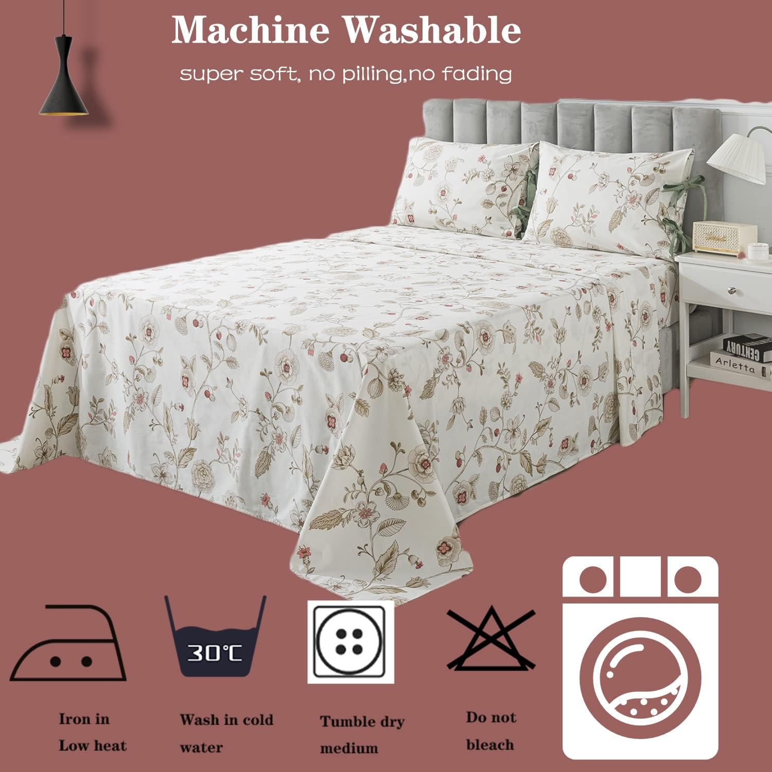 FADFAY Floral Twin XL Sheets 4Pcs Set
