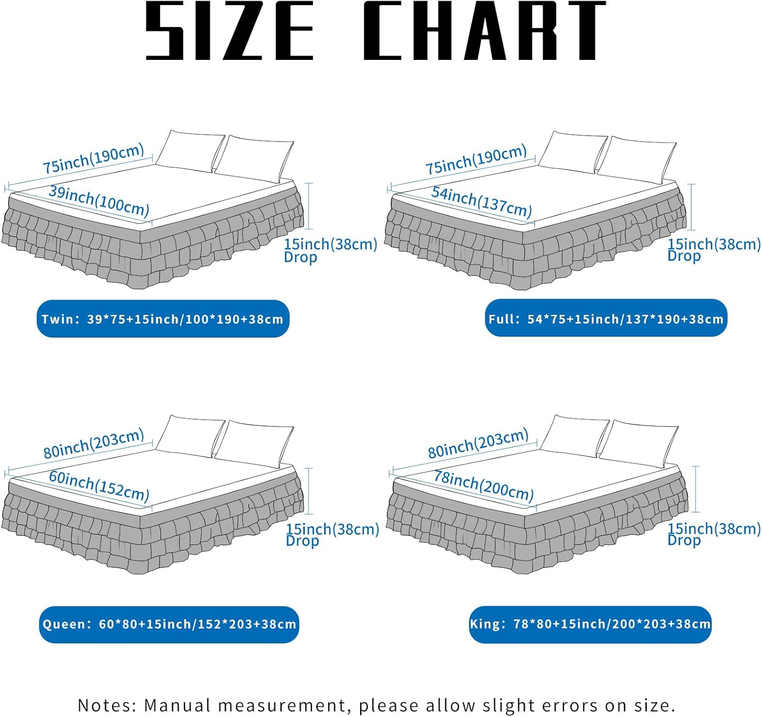 Reidio 1pc Bed Skirt 15 Inch Drop Queen Size