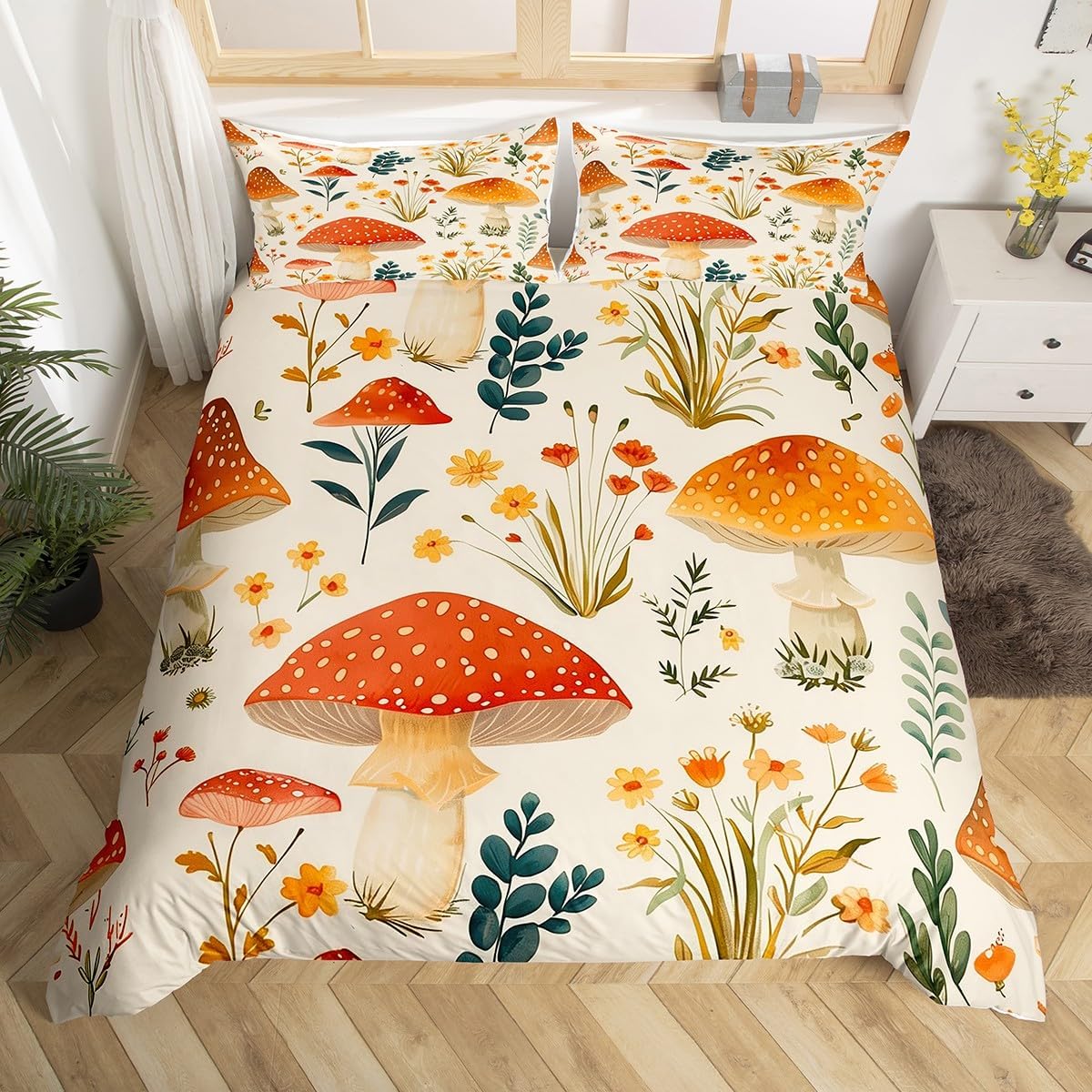 Feelyou Wild Mushroom Duvet Cover Set for Kids Queen Size
