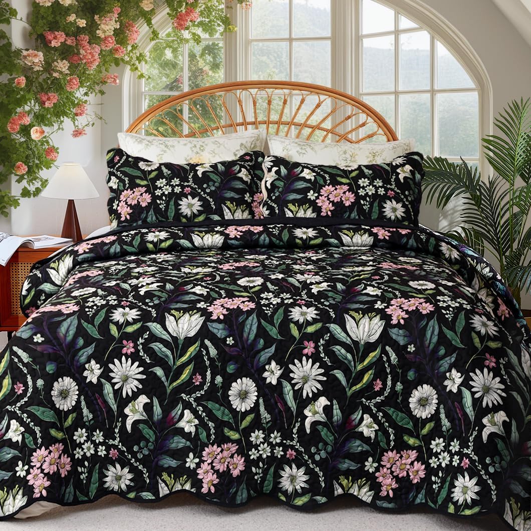 EVENHUG Black Botanical Quilt Set King Size 3 Pieces