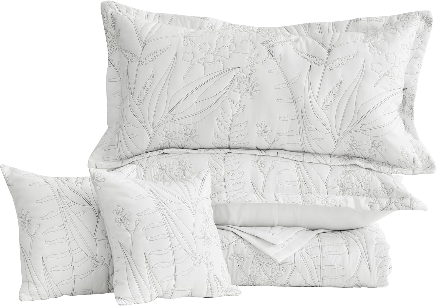 HZ HY Leaves Pattern Queen Bedspread Set Reversible Lightweight 5 Piece White