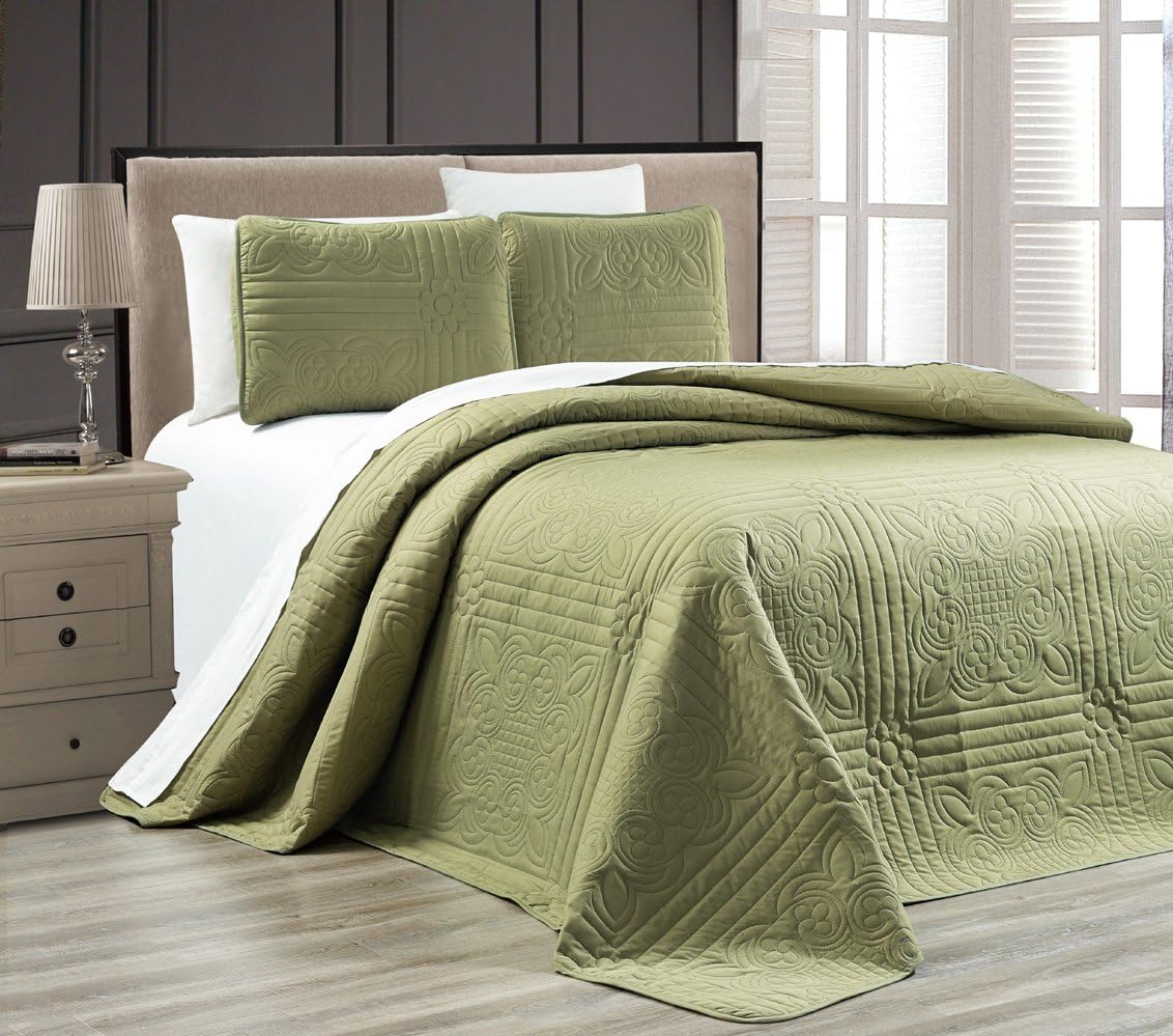 Grand Linen 3-Piece Dark Sage Green Bedspread Set