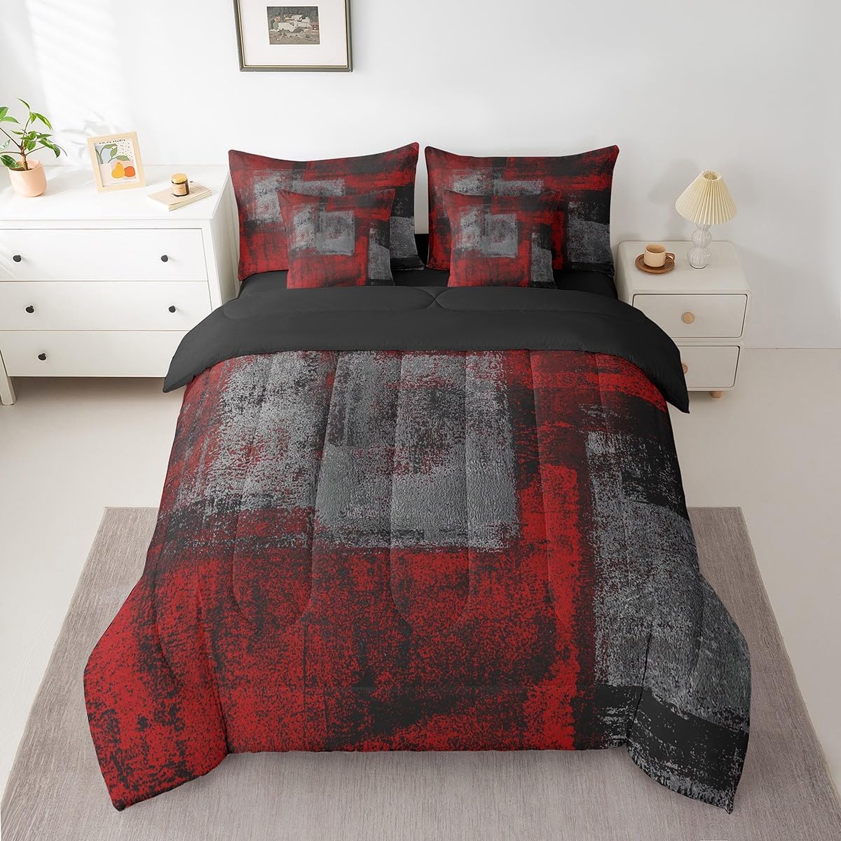 Erosebridal 7 Piece King Comforter Set with Red Black Grey Ombre Design