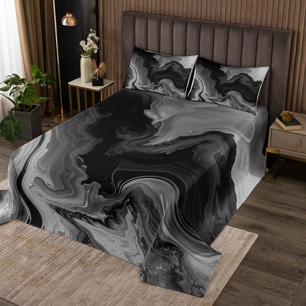 Erosebridal Grey Black Marble Queen Quilt Set