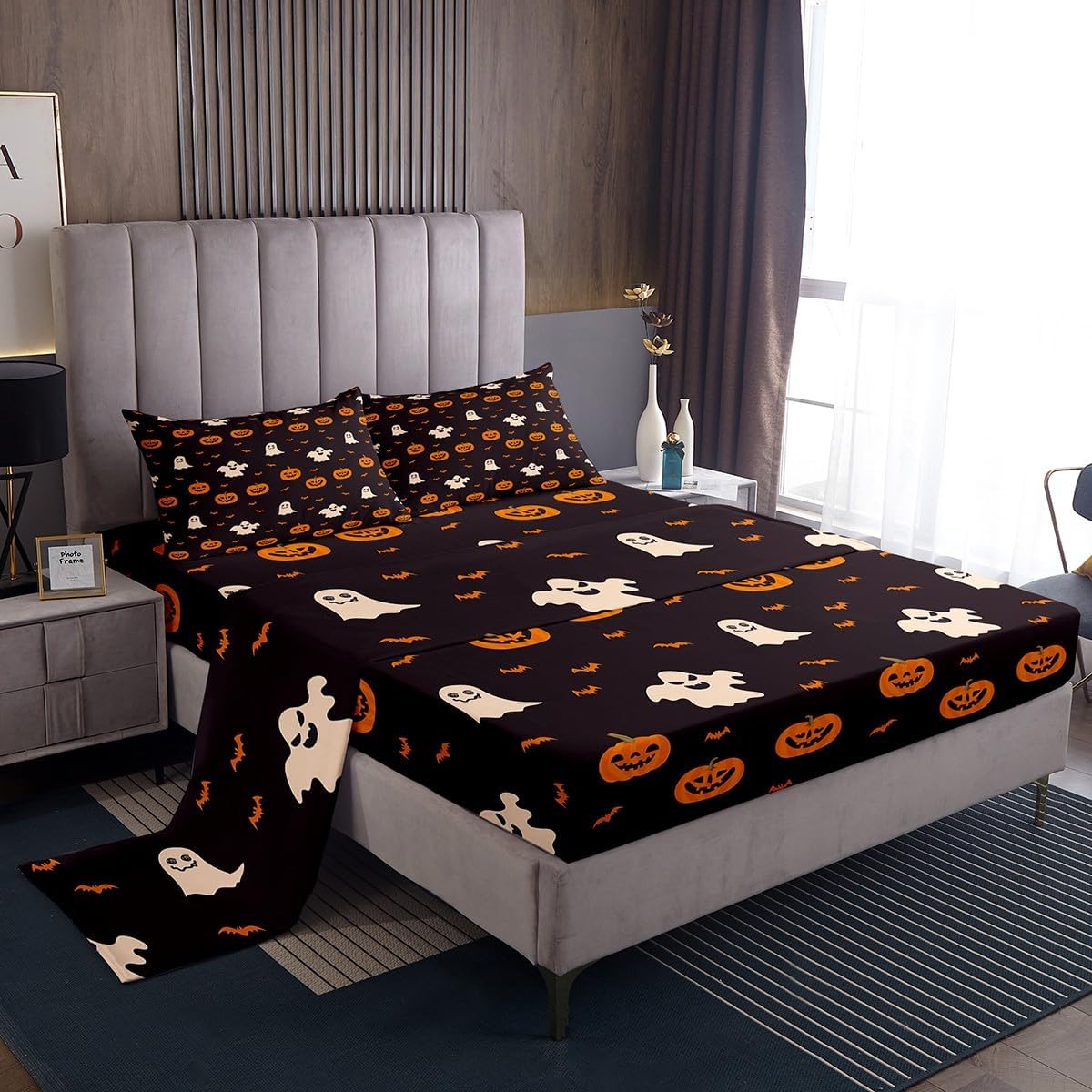 Jejeloiu King Size Pumpkin Lantern Kids Halloween Sheet Set