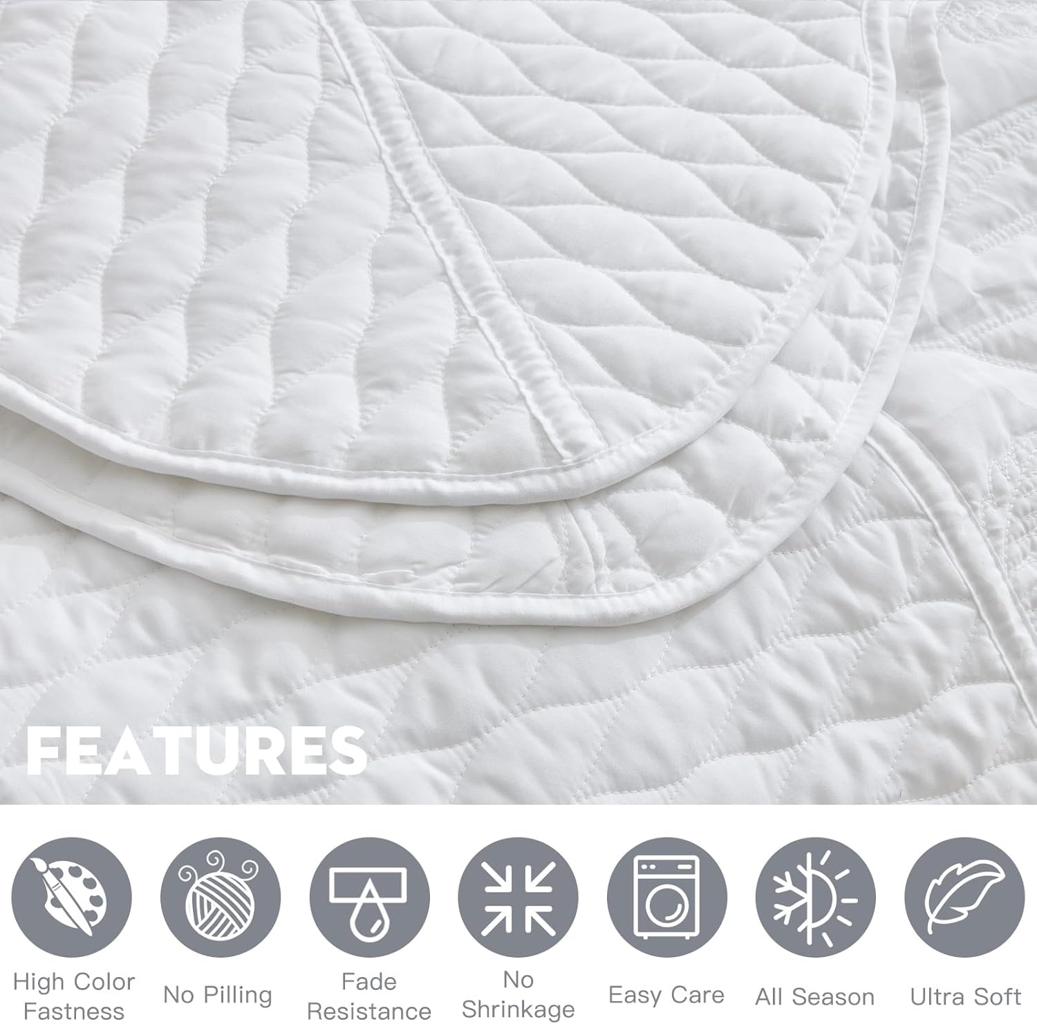 DaisyHuang Botanical Bedspread Set - Leaves Pattern Reversible 4 Piece White