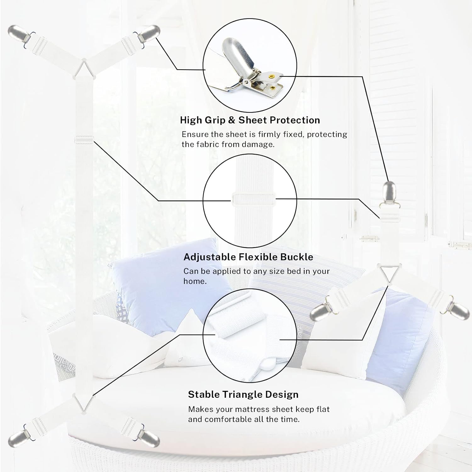 SCYROX Bed Sheet Holder Straps 6 pcs Adjustable White