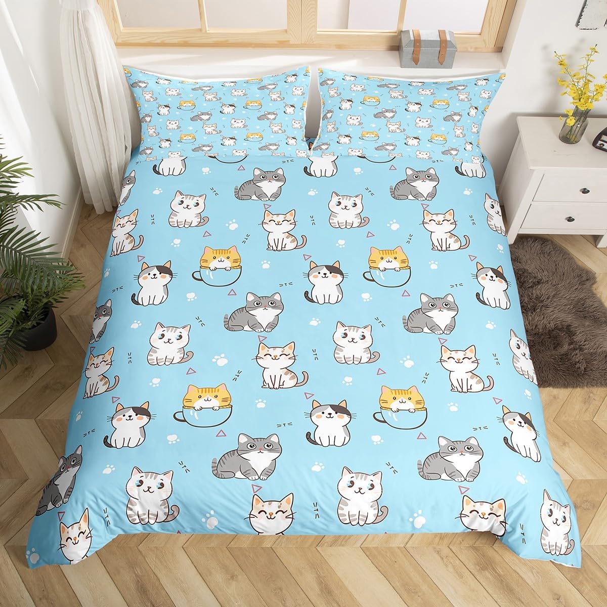 Kawaii Animal Duvet Cover Set Twin Blue Cat