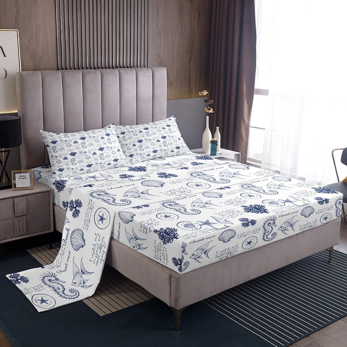 Coastal King Size Sheet Set with Seashell Print