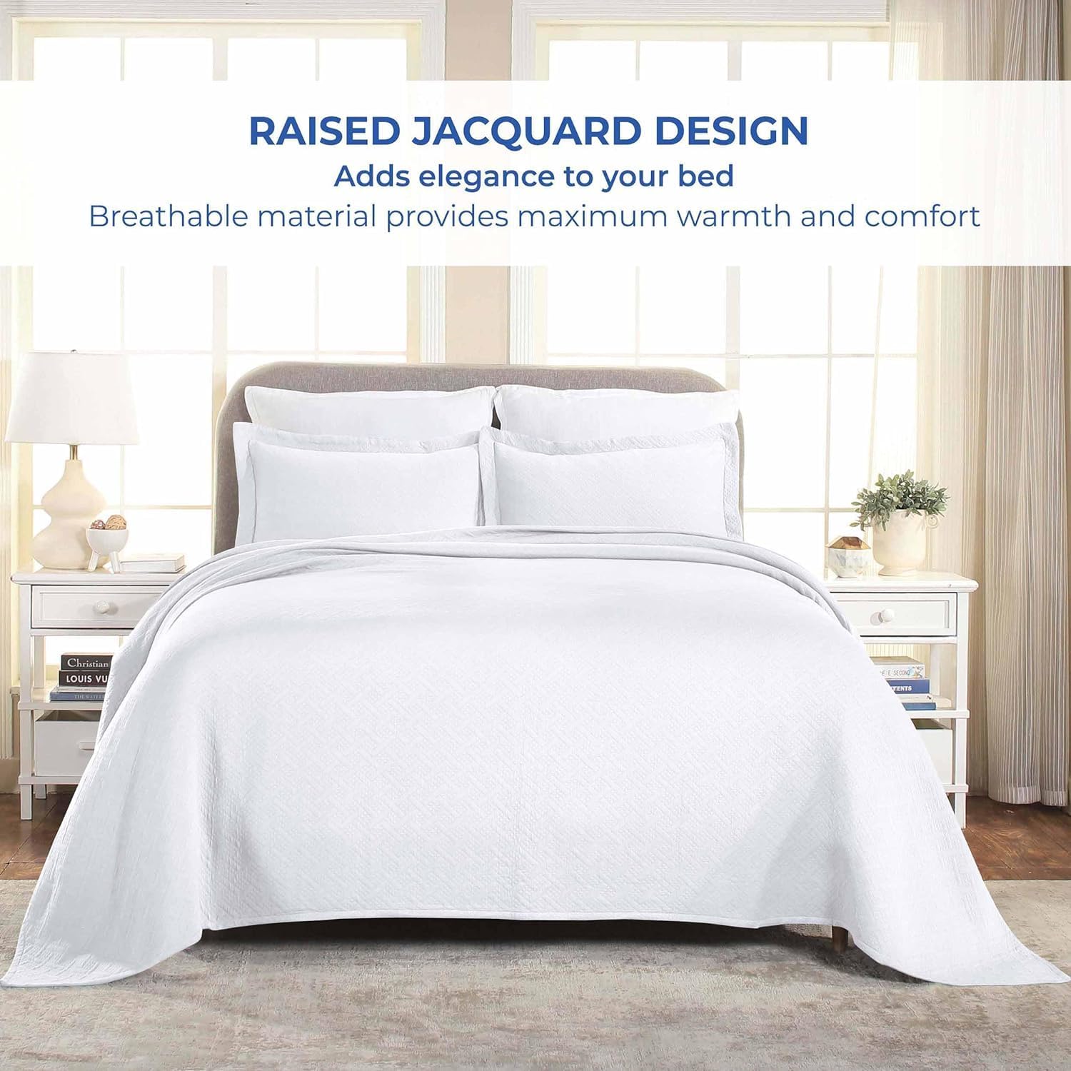 Superior 3 Piece Basketweave Cotton Bedspread Set Queen White