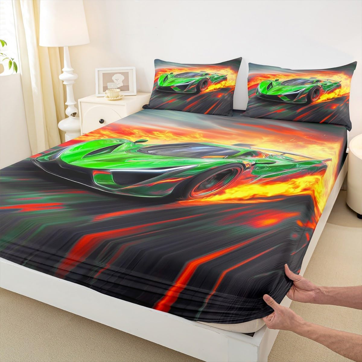Jejeloiu Racing Car Bedspread Set Twin Size Microfiber Lightweight