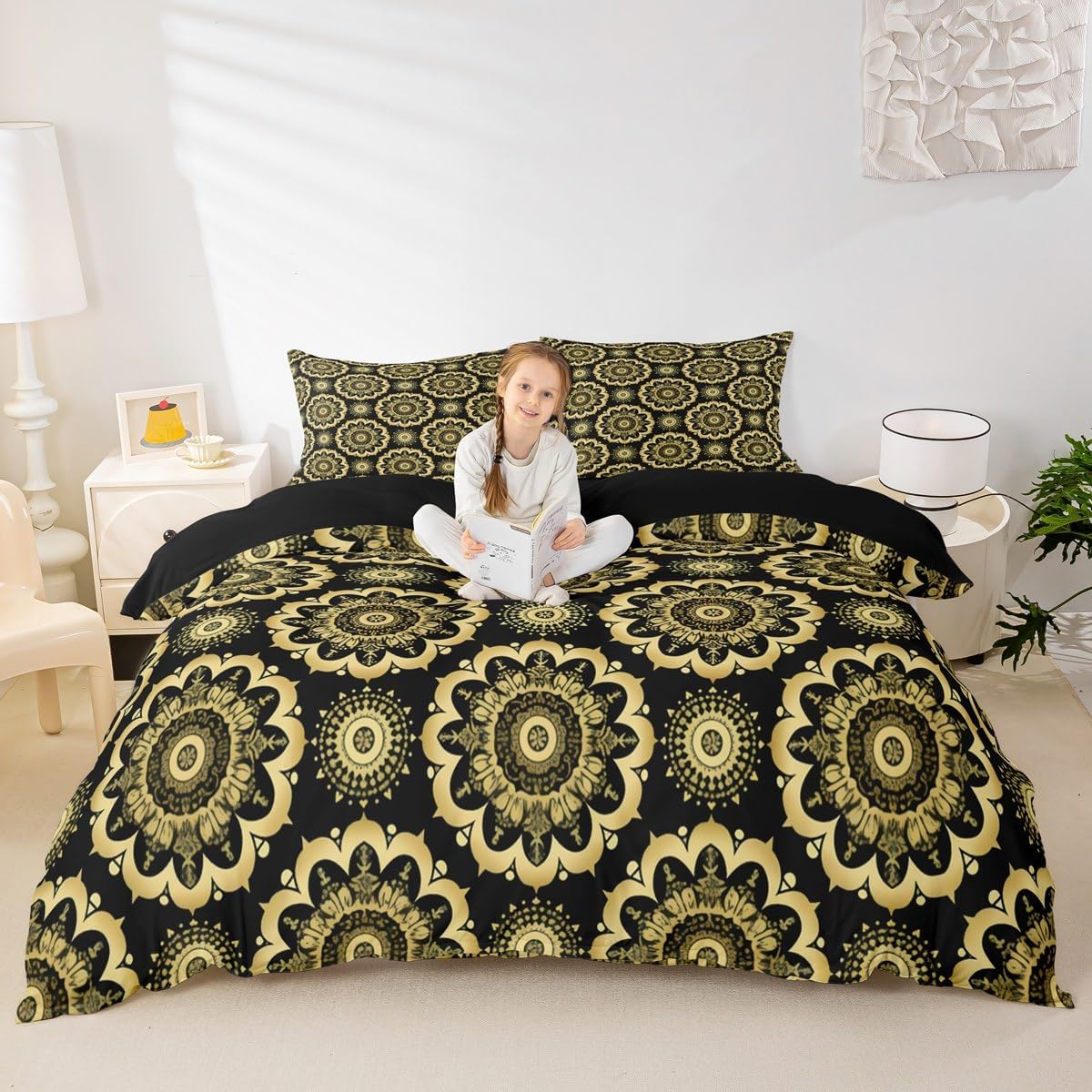 Jejeloiu Paisley Duvet Cover Set 3Pcs Black Gold Damask Pattern 1