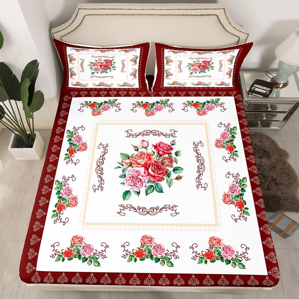 Homewish Red Rose Twin Bedding Set with Pillowcase