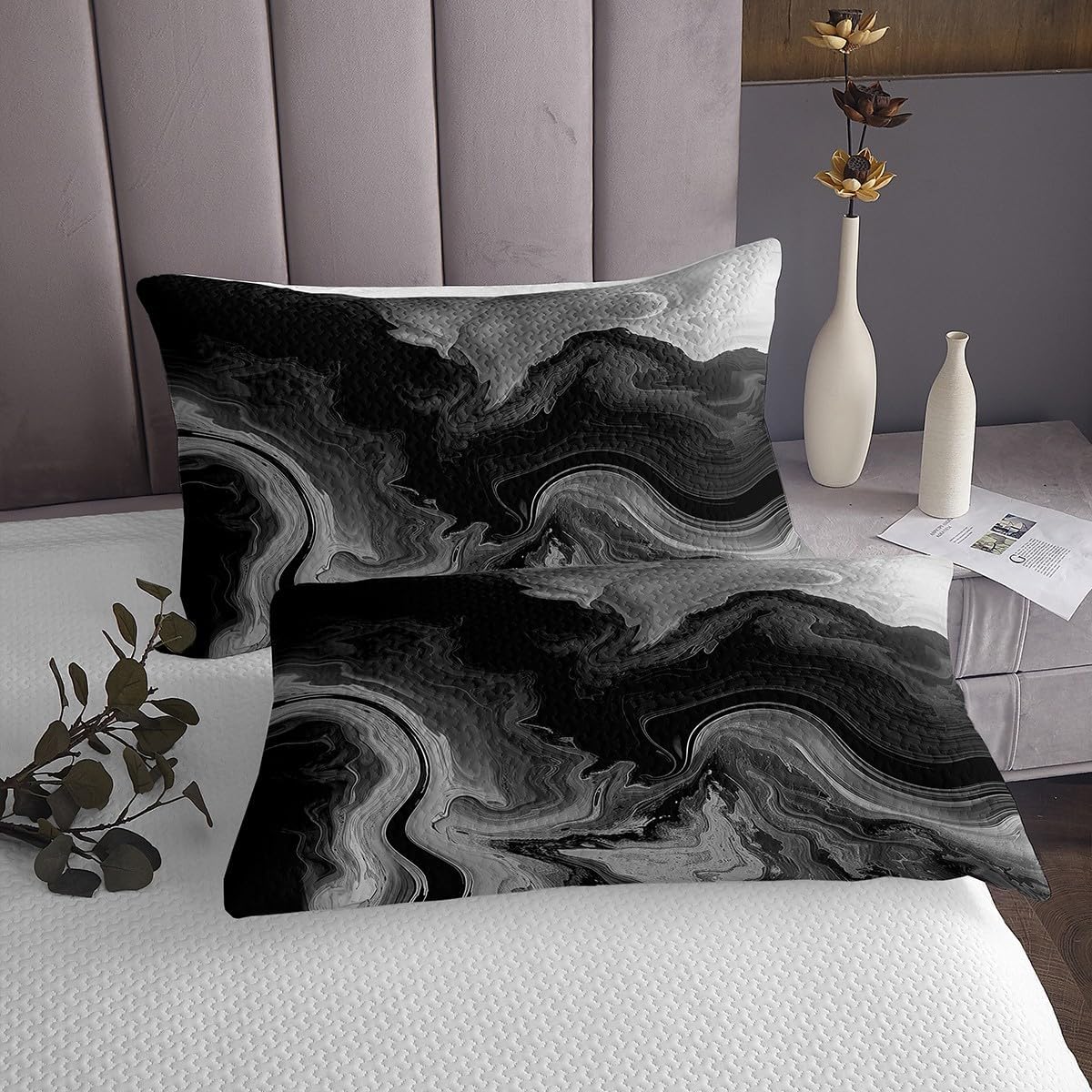 Erosebridal Grey Black Marble Queen Quilt Set