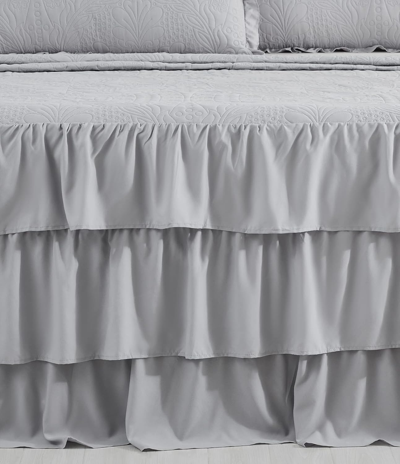 CHIXIN Ruffle Skirt Bedspread King Size - Light Grey 3 Piece Set