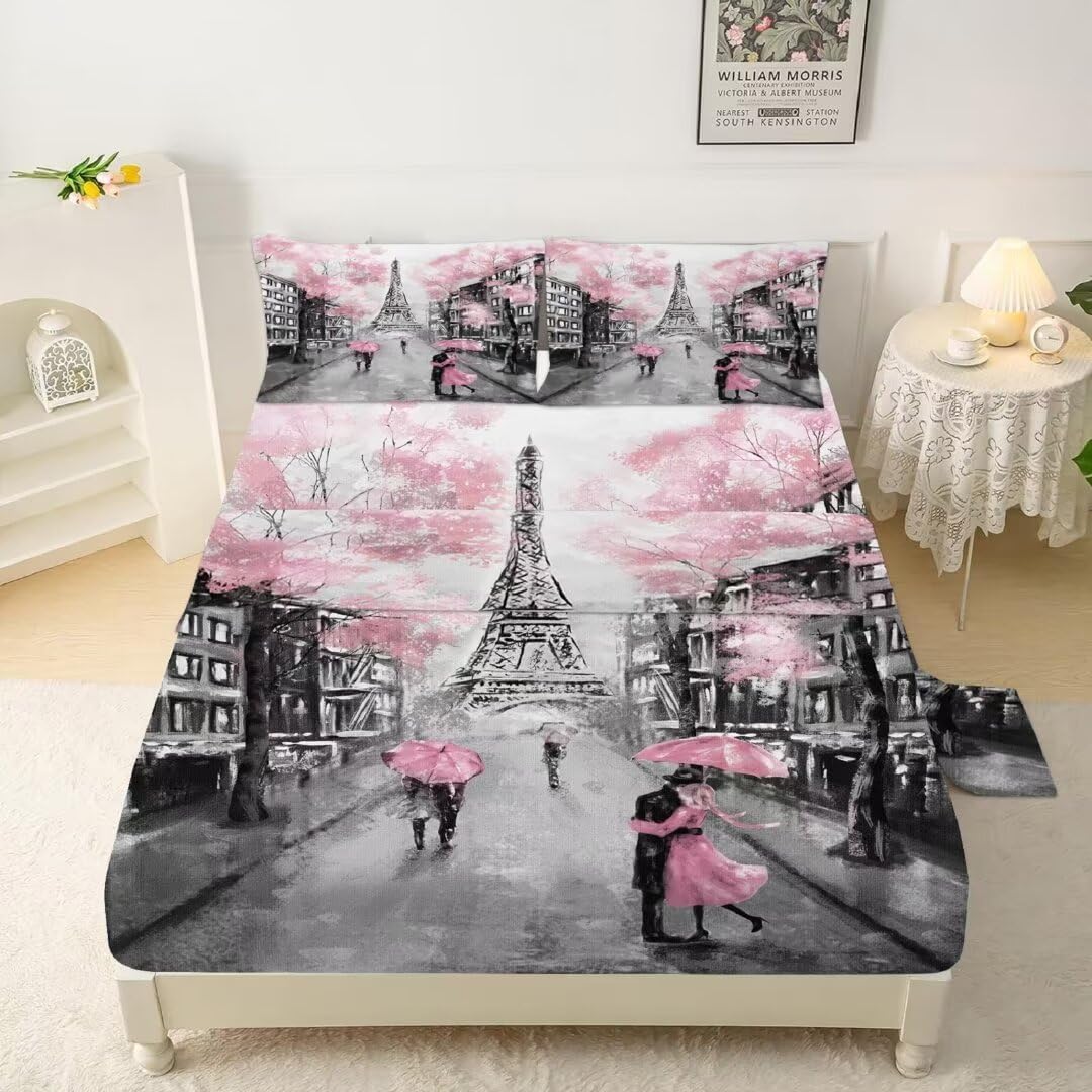 Kxry Pink Paris Eiffel Tower Fitted Sheet Set