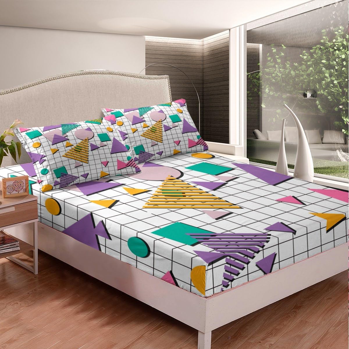 80s Memphis Purple Abstract Queen Sheet Set with Deep Pocket