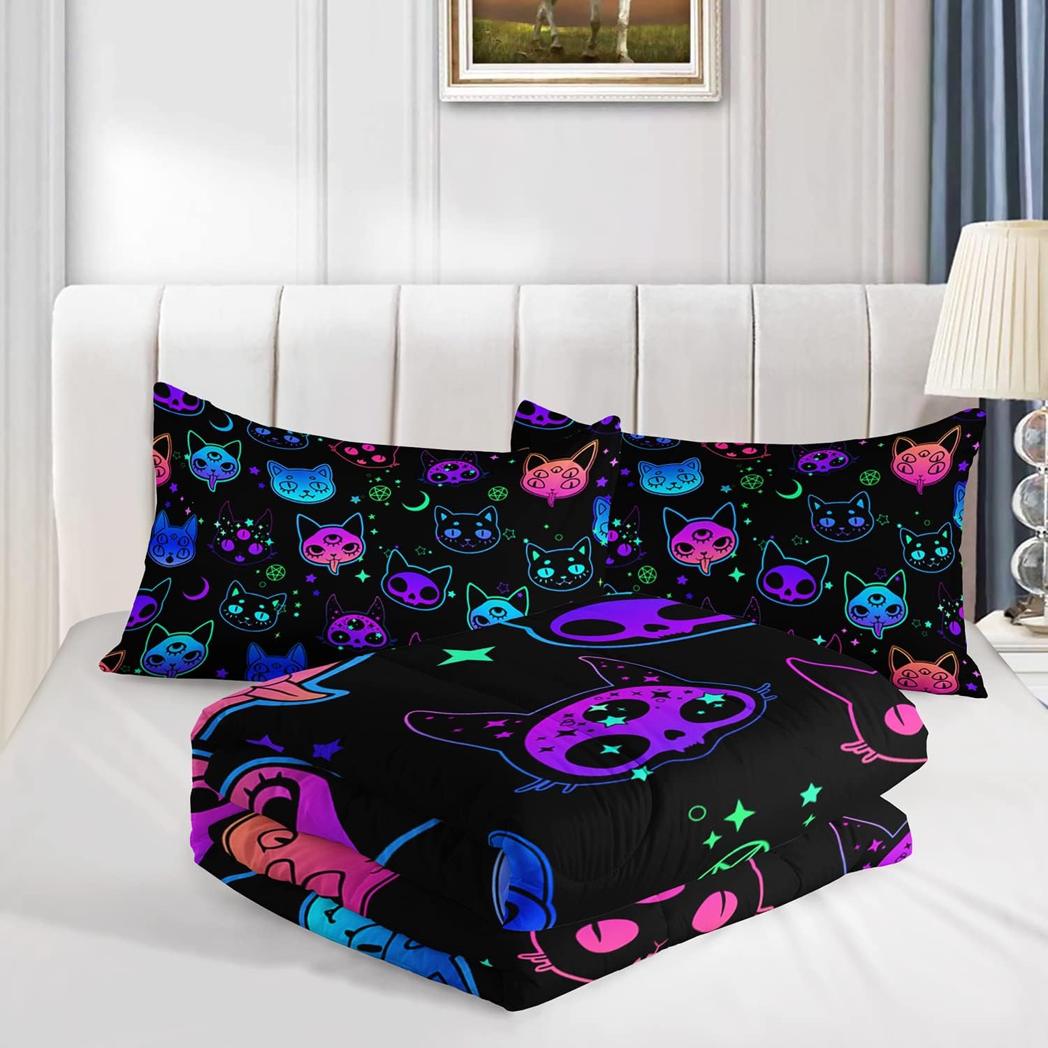 Axolotl Cat Comforter Set Twin Neon Pattern