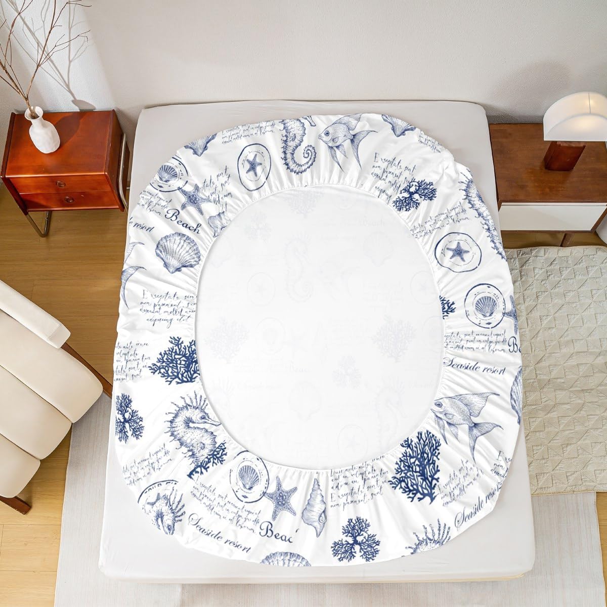 Coastal King Size Sheet Set with Seashell Print