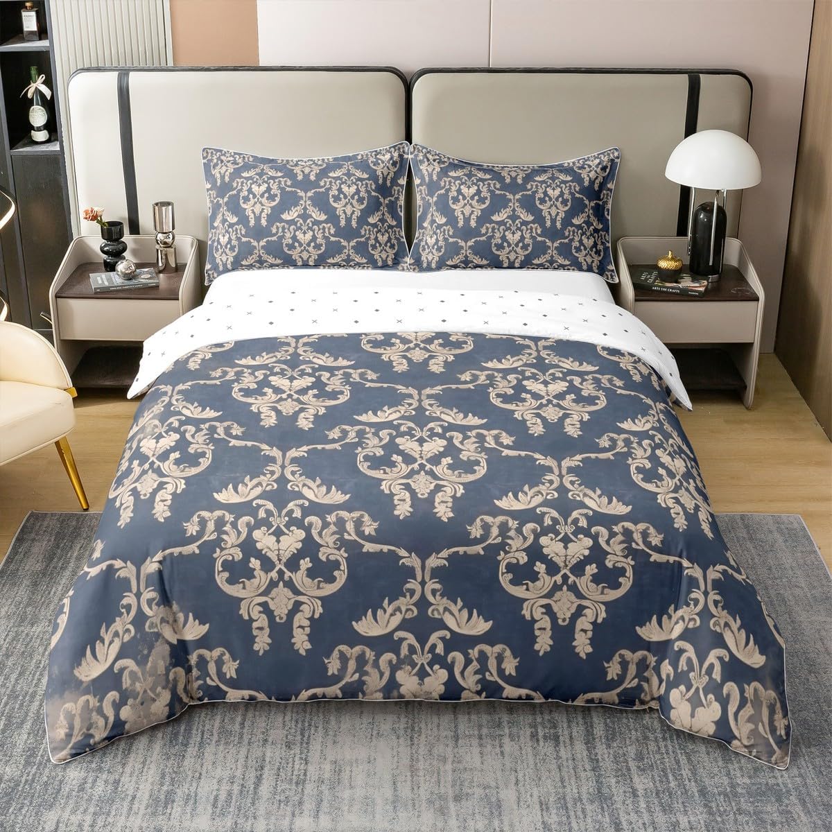 Feelyou Queen Size Damask Cotton Duvet Cover Set