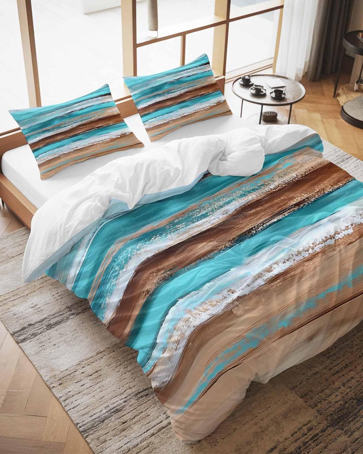 Turquoise Brown Queen Duvet Cover Set 3 Pieces