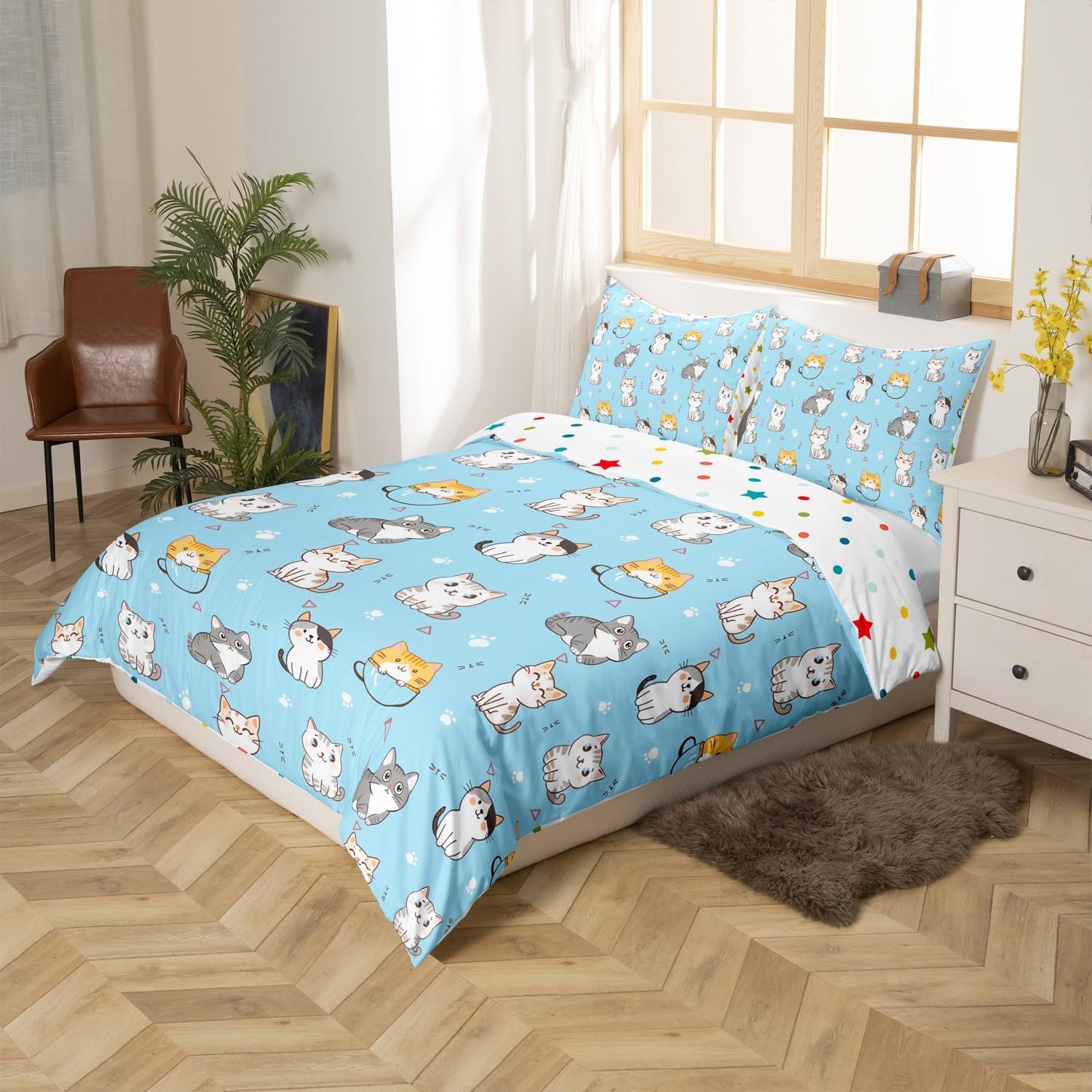 Kawaii Animal Duvet Cover Set Twin Blue Cat