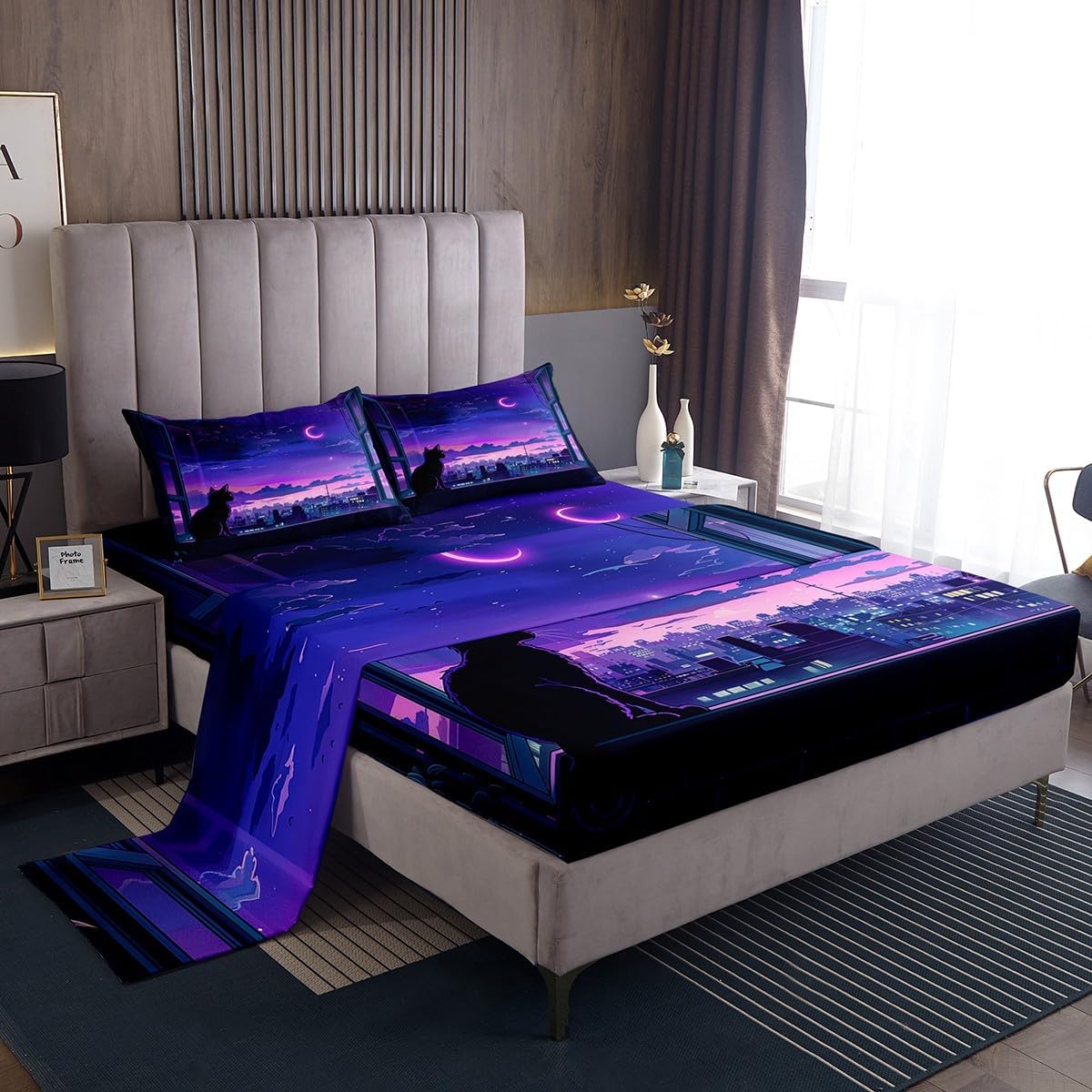 Jejeloiu King Size Cat Bed Sheets Set Purple Microfiber