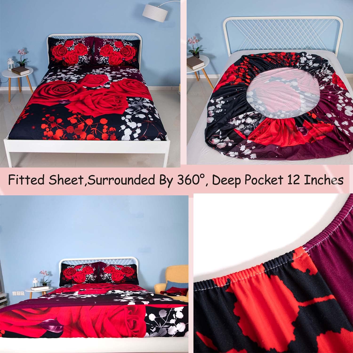 EsyDream 3D Red Rose Fitted Sheet Set - 3 Pieces King Size